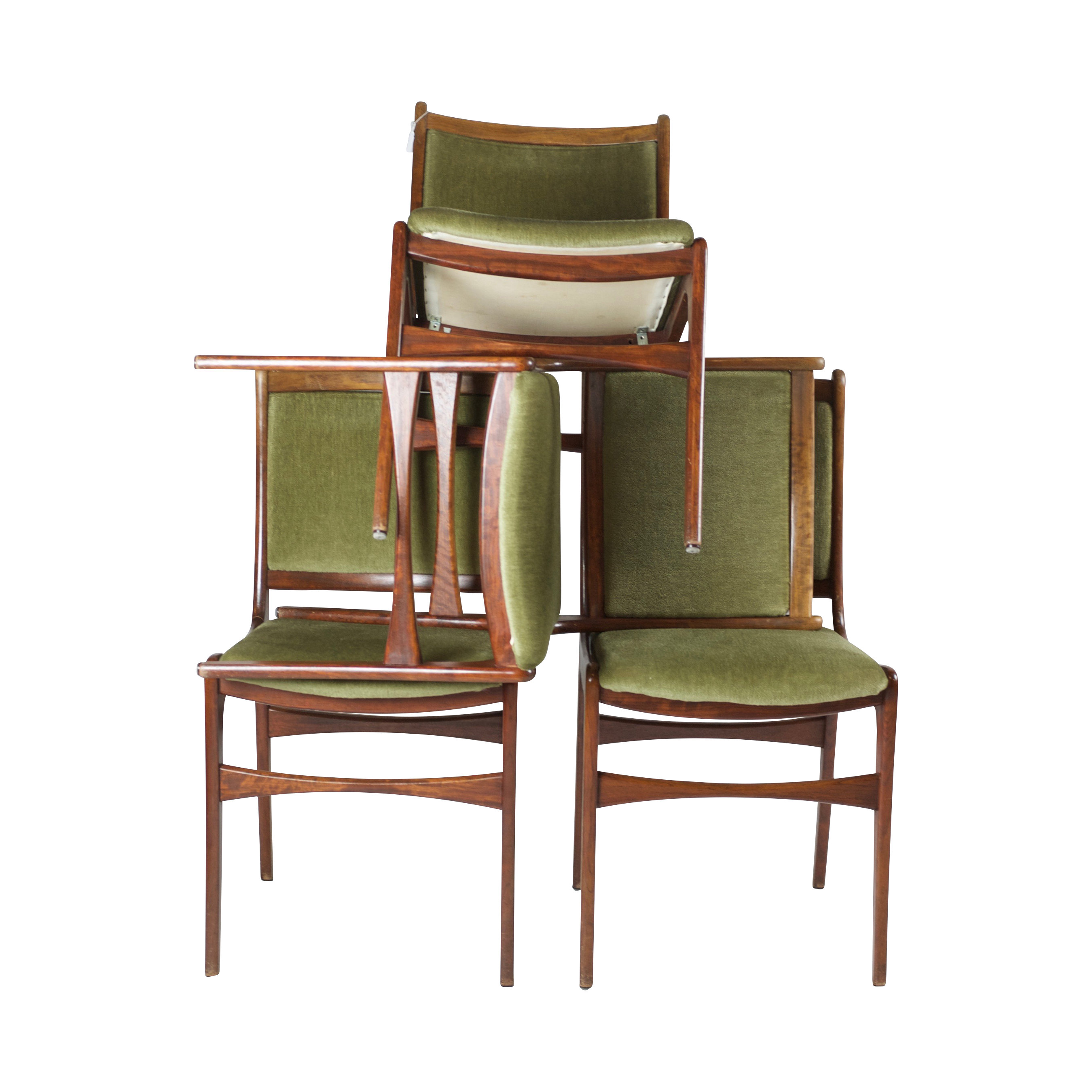 Set vier Deense stoelen uit met groene bekleding Gebroeders van Duijn